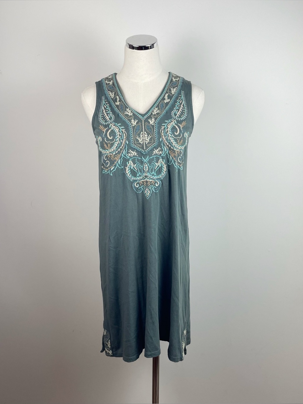 J. Jill Olive Green Tan Blue Floral Embroidered Sleeveless Dress Women XS
